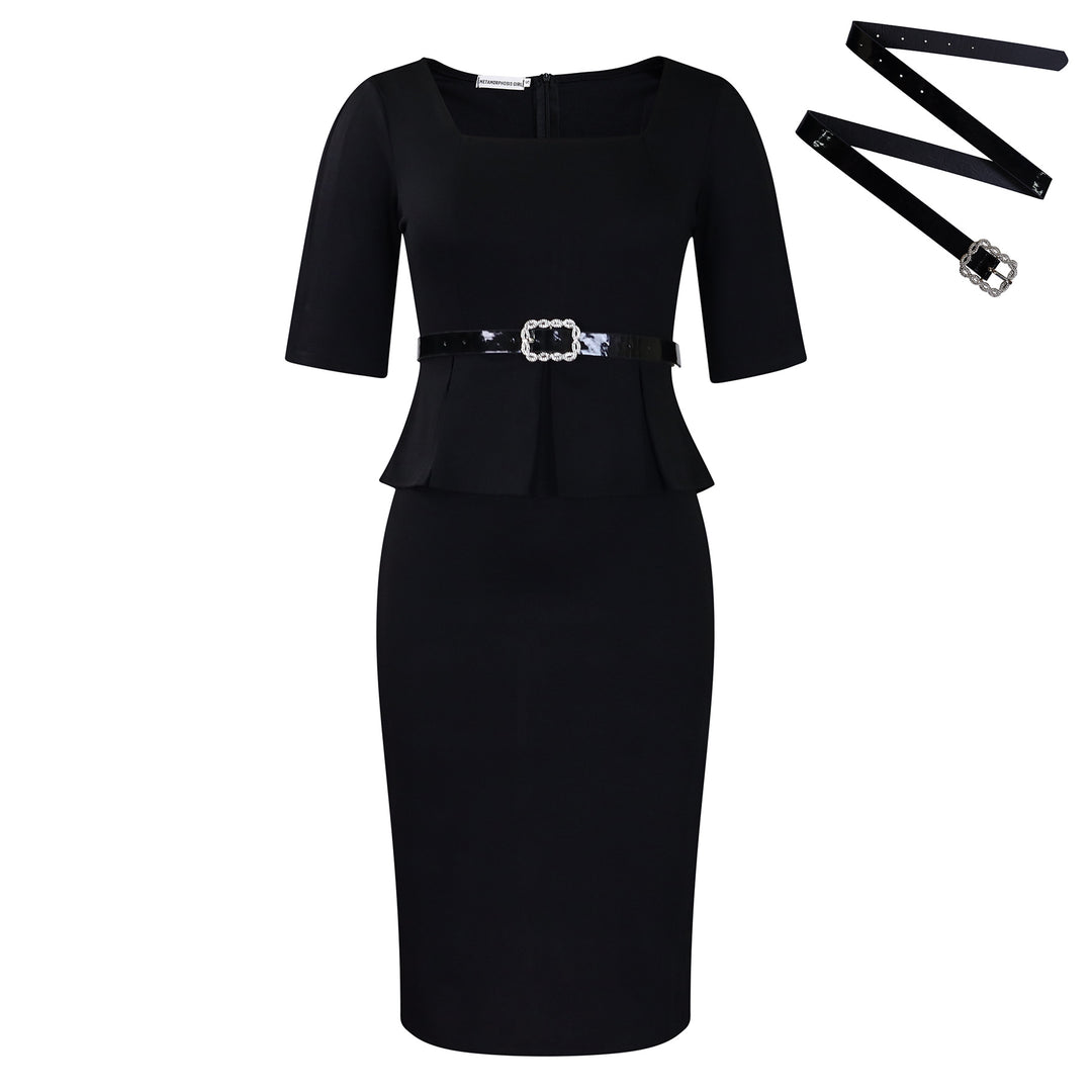 Damen Etuikleid mit eleganter Peplum-Details und abnehmbarem Gürtel Drune