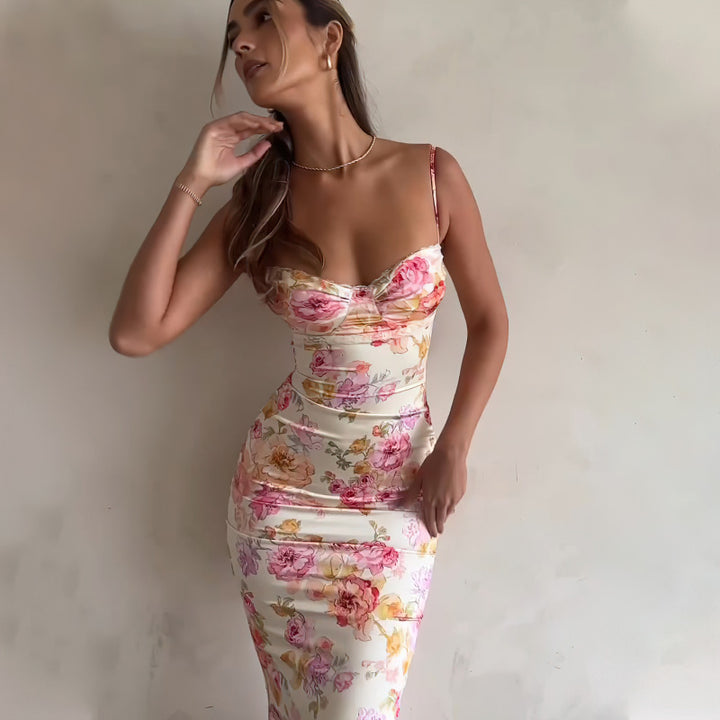 Damen figurbetontes Maxikleid mit floralem Design und elegantem V-Ausschnitt Drune