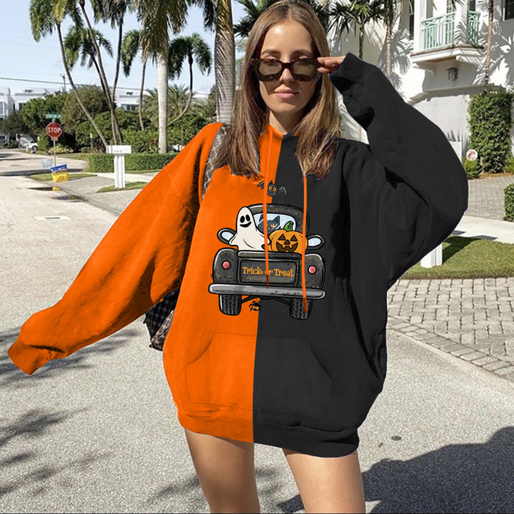 Damen nan Oversize Kapuzenpullover mit geteilter Block‑Optik und Halloween‑Wichtelprint Drune