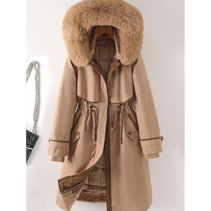 Damen nan langer Parka mit Kunstfellkapuze Taillenzug und kontrastierten Paspeln Drune