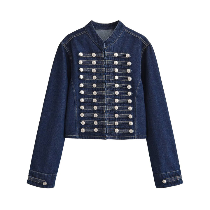 Damen Jeansjacke im Military‑Stil mit Stehkragen und dekorativen Reihen‑Druckknöpfen Drune