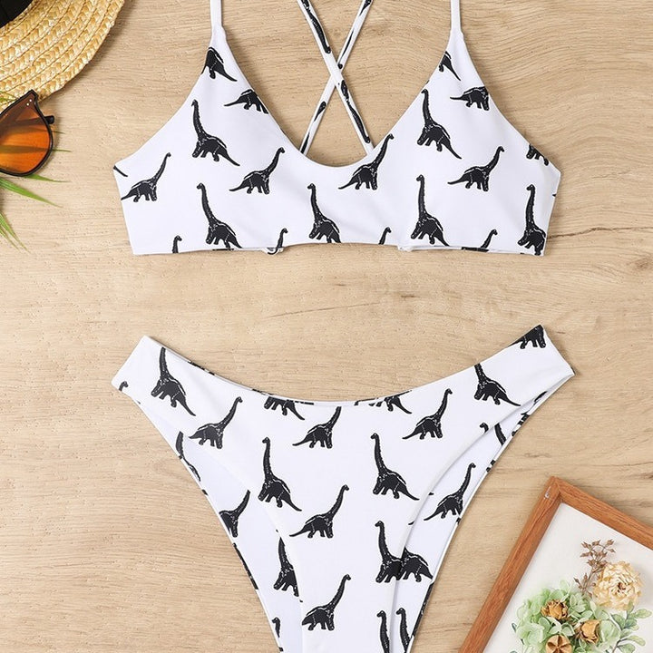 Damen Triangel-Bikini mit verspieltem Dinosaurier-Muster und verstellbaren Trägern Drune
