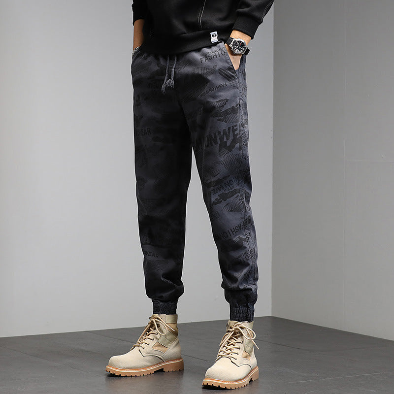 Herren Camouflage-Print Jogger-Cargohose mit elastischem Tunnelzugbund und gerippten Knöcheln Drune