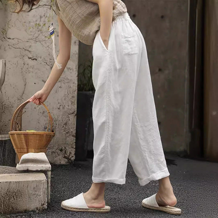 Damen lässige Leinenhose mit elastischem Bund und seitlichen Taschen Drune
