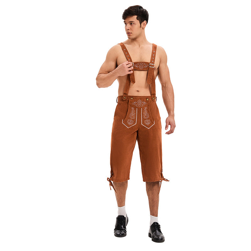 Herren nan traditionelle kurze Trachtenlederhose mit bestickten verstellbaren Hosenträgern Drune