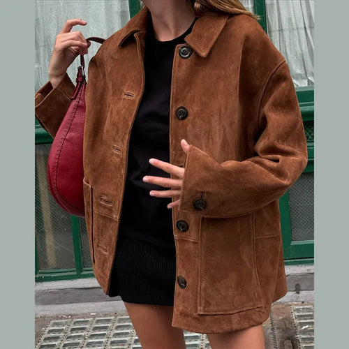 Damen 100+ oversized Wildlederoptik-Blousonjacke mit Pattentaschen und Knopfleiste Drune