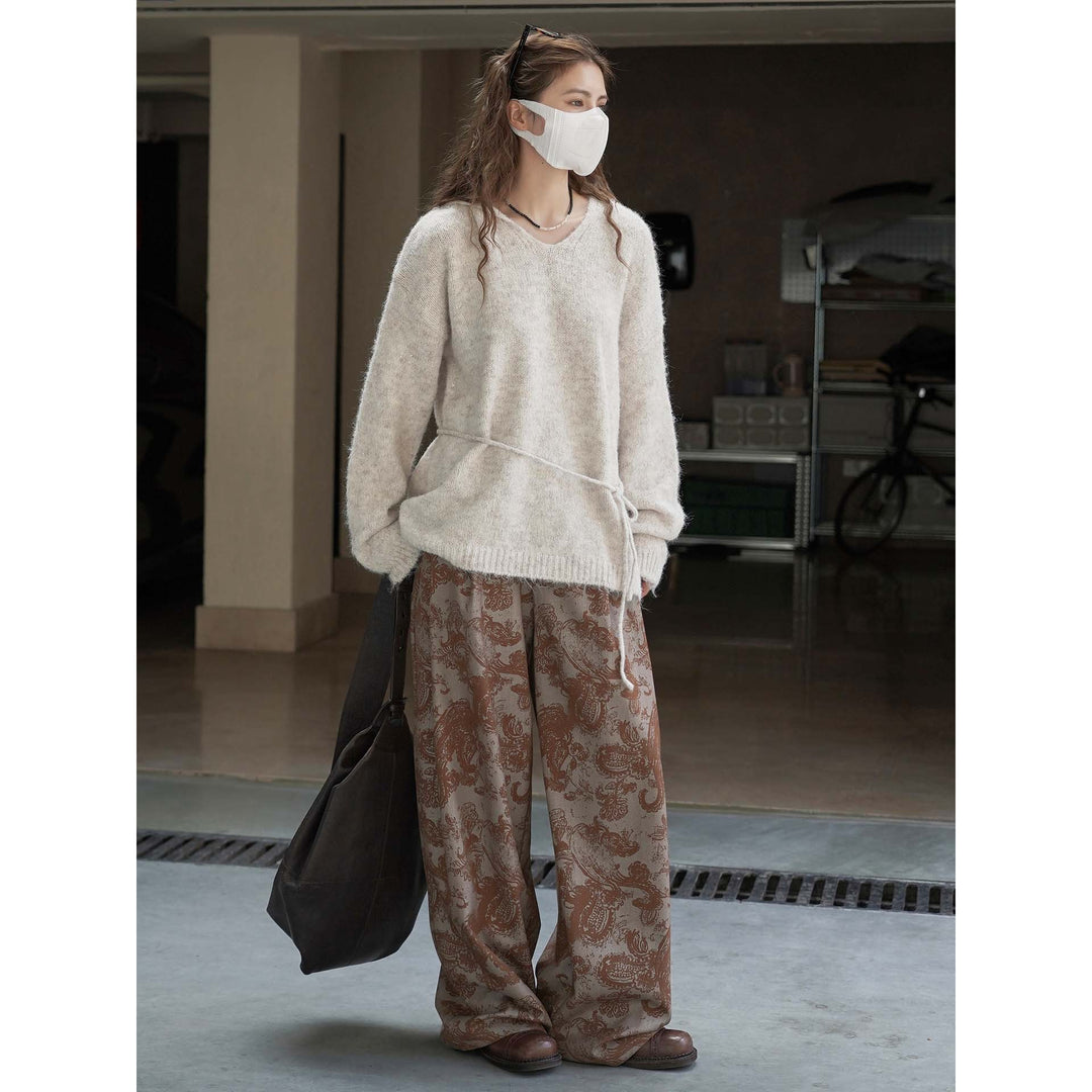 Damen Weicher Mohair‑Optik V‑Ausschnitt Pullover mit Tunnelzug‑Taillenband Drune