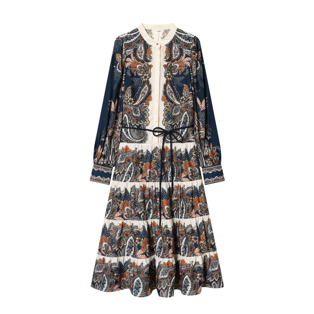 Damen nan fließendes Maxikleid mit Paisley-Muster, Taillenzug, Stehkragen und Stufenrock Drune