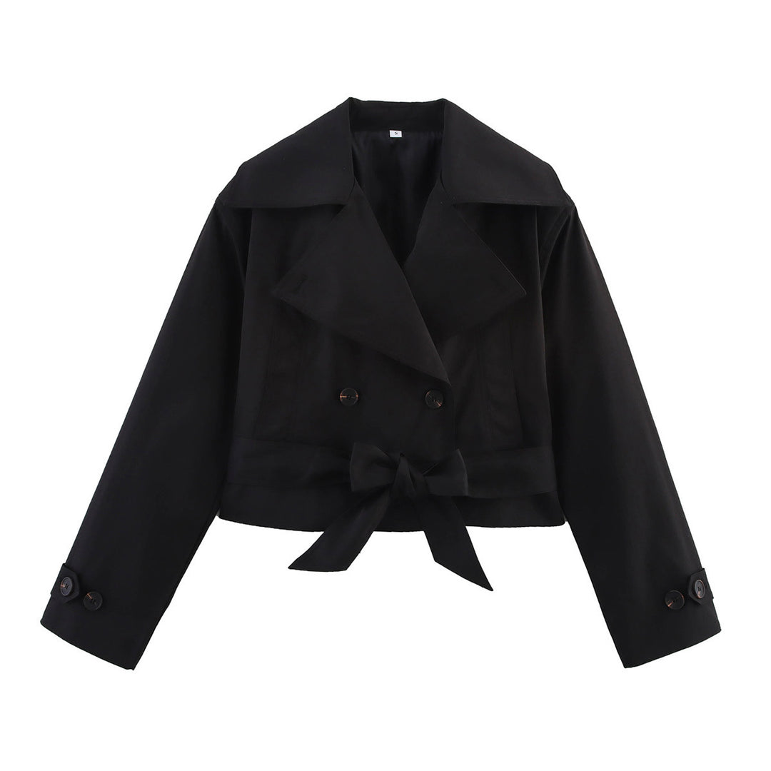 Damen nan kurze Taillen-Trenchjacke mit doppelreihiger Knopfleiste breitem Schalkragen und taillierendem Bindegürtel Drune