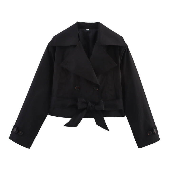 Damen nan kurze Taillen-Trenchjacke mit doppelreihiger Knopfleiste breitem Schalkragen und taillierendem Bindegürtel Drune