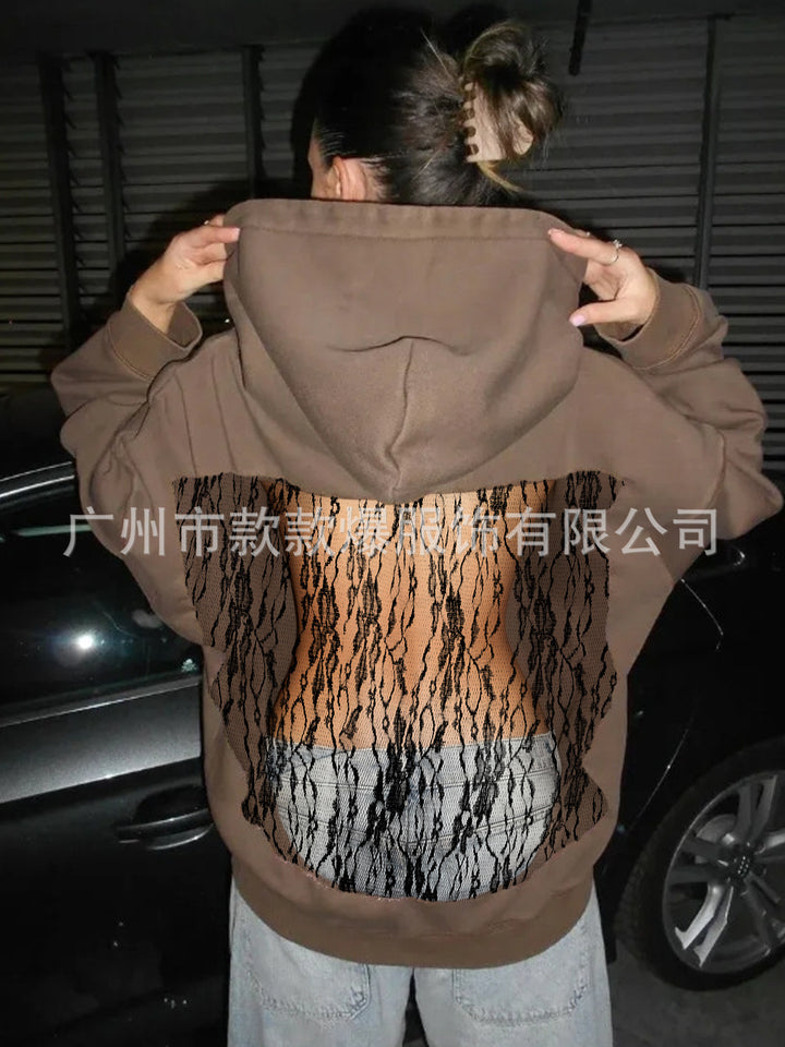 Damen nan Kapuzensweatshirt mit transparenter bestickter Rückenpartie Drune