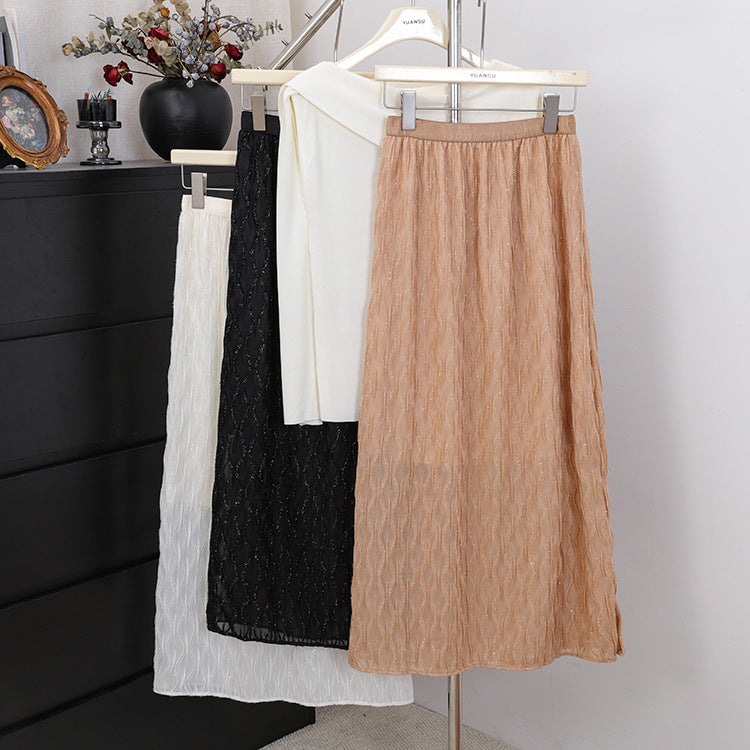Damen nan bestickter Midimaxirock mit feinem Glitzermesh und elastischem Komfortbund Drune
