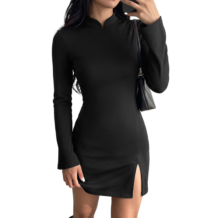 Damen Elegantes Kleid mit Stehkragen und langem Arm Drune