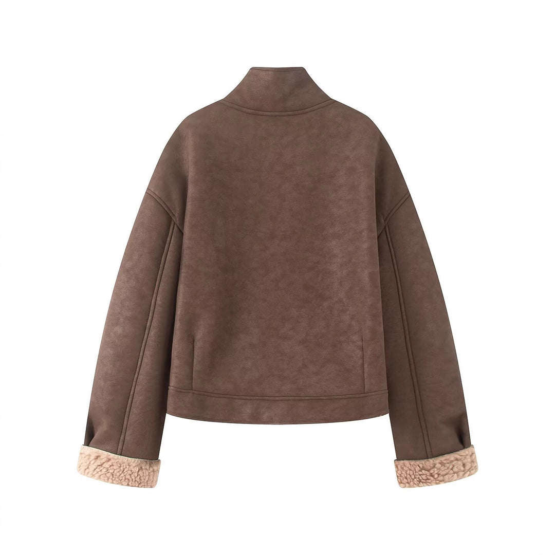 Damen Kurz geschnittene Kunstlammfelljacke mit Stehkragen, Knopfverschluss und umschlagbaren Faux-Fur-Manschetten Drune
