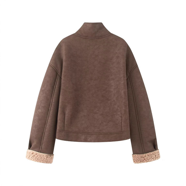 Damen Kurz geschnittene Kunstlammfelljacke mit Stehkragen, Knopfverschluss und umschlagbaren Faux-Fur-Manschetten Drune