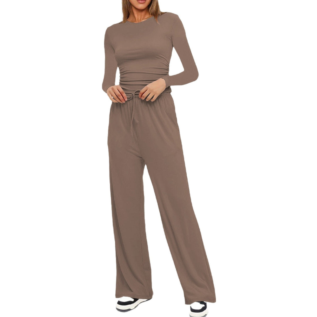 Damen Figurbetontes Longsleeve mit seitlicher Raffung und High-Waist Palazzo-Jogginghose Set Drune