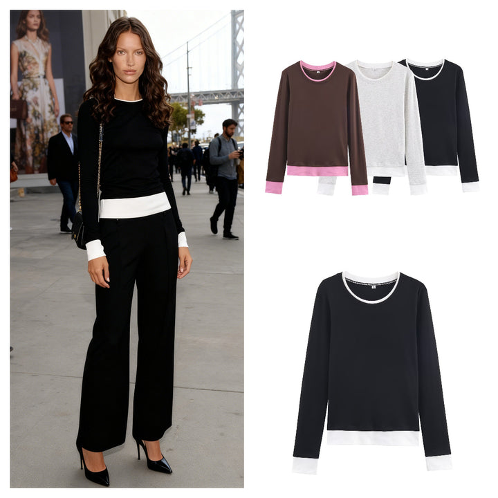 Damen Lässiges Langarm-Layering-Shirt mit doppellagigem Saum und eingesetzten Manschetten Drune