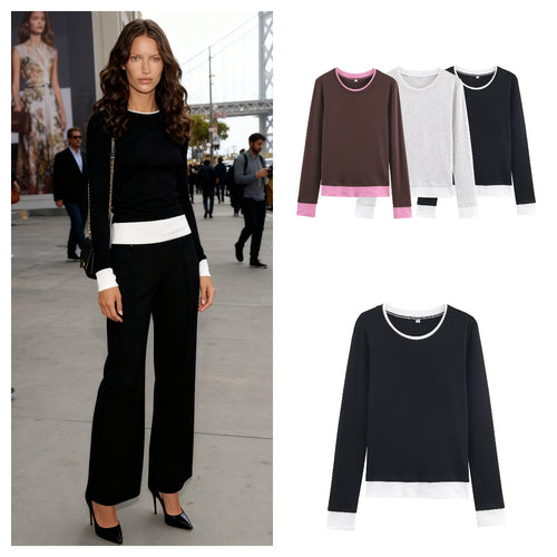 Damen Lässiges Langarm-Layering-Shirt mit doppellagigem Saum und eingesetzten Manschetten Drune