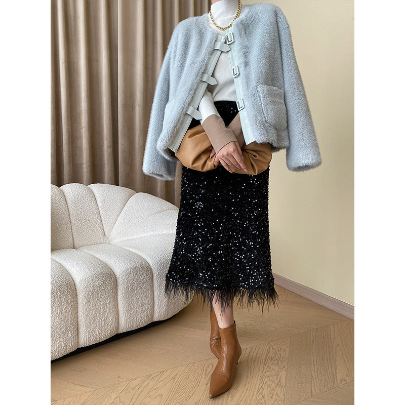 Damen Midirock mit Pailletten und gerafftem Saum Drune