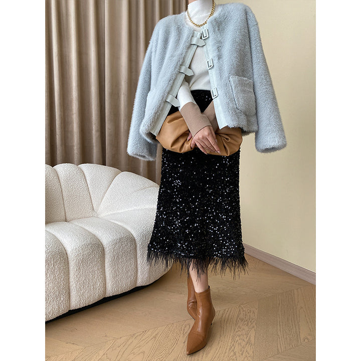 Damen Midirock mit Pailletten und gerafftem Saum Drune