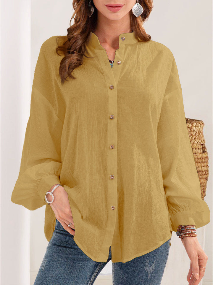 Damen Lose Crinkle Bluse Top mit Stehkragen und Ballonärmeln Drune
