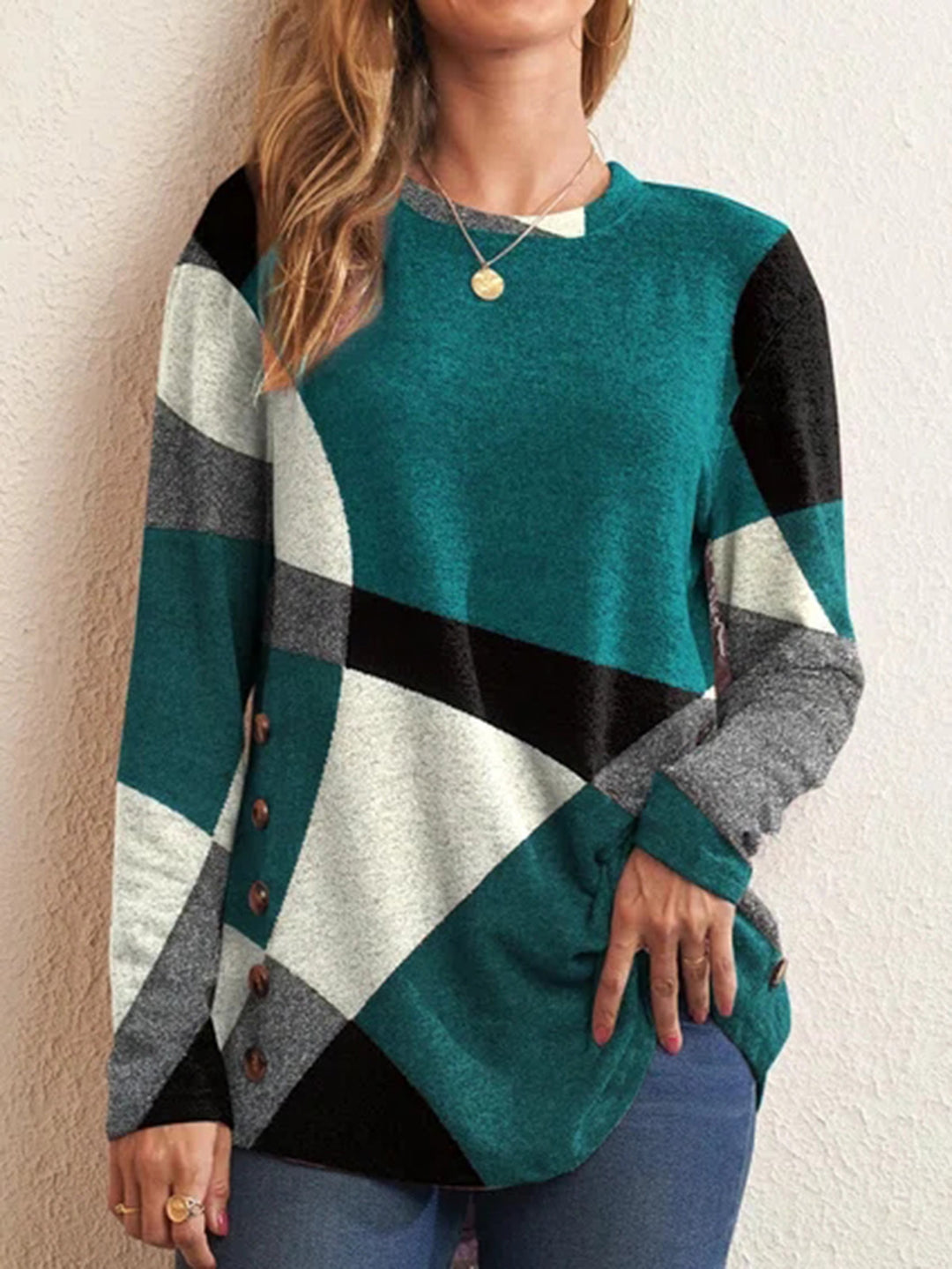 Damen Oversize Langarm Tunika mit geometrischem Farbschema