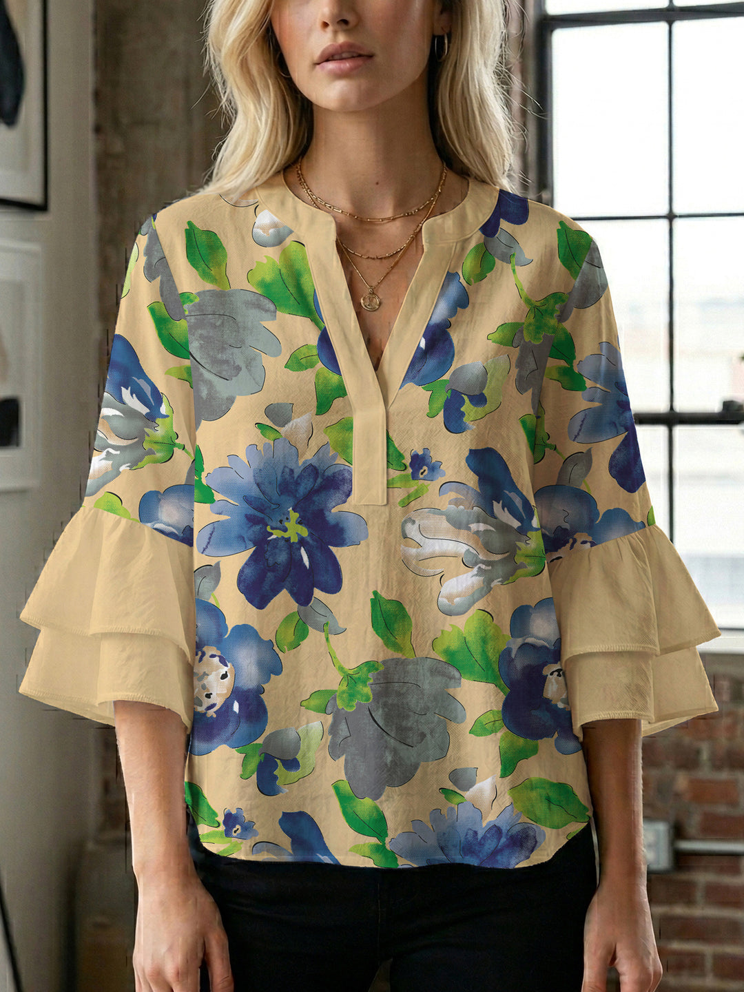 Damen Bluse mit voluminösen Ärmeln und floralem Design Drune