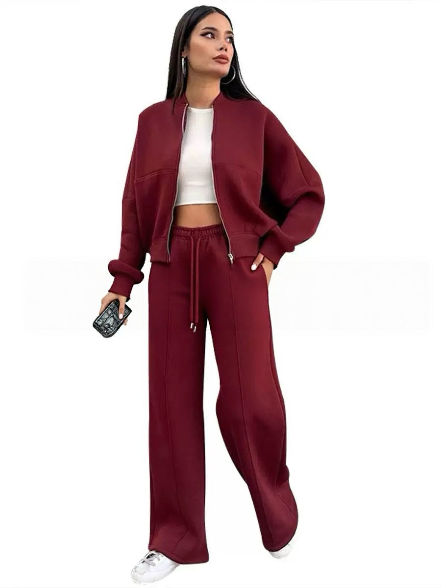 Damen nan kurz geschnittenes Blouson mit Reißverschluss und weiter High-Waist Jogginghose Set Drune