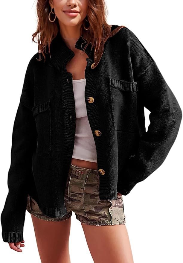 Damen lässige Strickjacke mit aufgesetzten Taschen und Knopfverschluss Drune