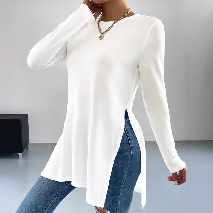 Damen Langes Feinstrick-Tunika-Shirt mit Seitenschlitzen und gerundetem Saum Drune