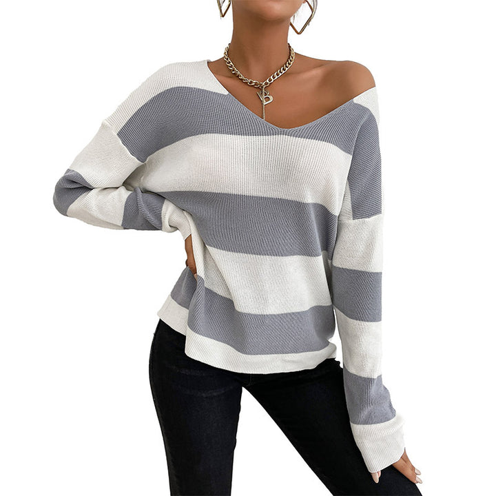 Damen Leichter Oversize‑Strickpullover mit V‑Ausschnitt und breitem Streifenmuster Drune