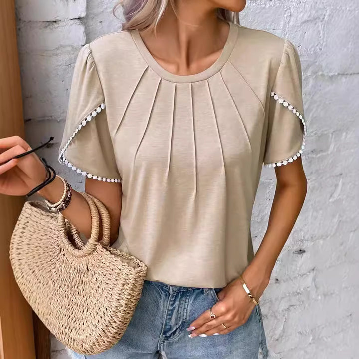 Damen nan Rundhals-Shirt mit dekorativer Kellerfalten-Front, Flatterärmeln und Pompon-Borte Drune