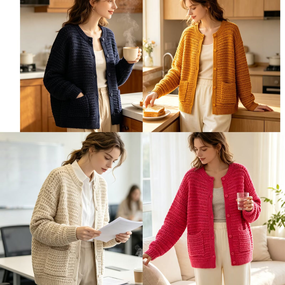 Damen Grobgestrickter Oversize-Cardigan mit Knopfleiste und aufgesetzten Taschen Drune