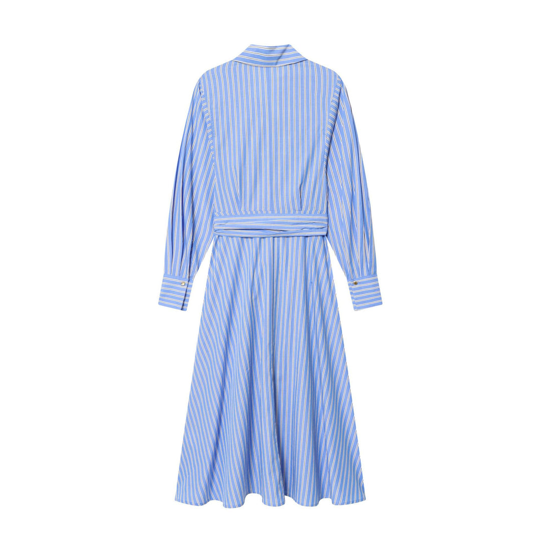 Damen nan gestreiftes Hemdblusenkleid mit Knotengürtel, taillierter Wickeloptik und breiten Manschetten Drune