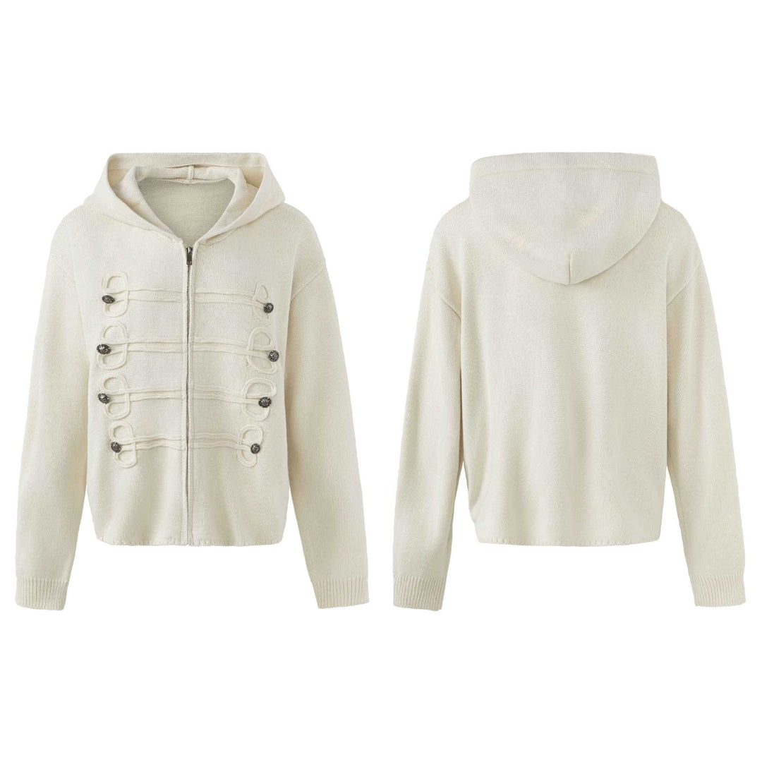 Damen Kapuzen-Strickjacke mit militärischen Zierknöpfen und Reißverschluss Drune