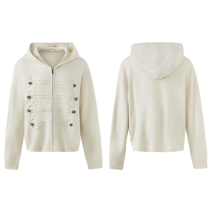 Damen Kapuzen-Strickjacke mit militärischen Zierknöpfen und Reißverschluss Drune