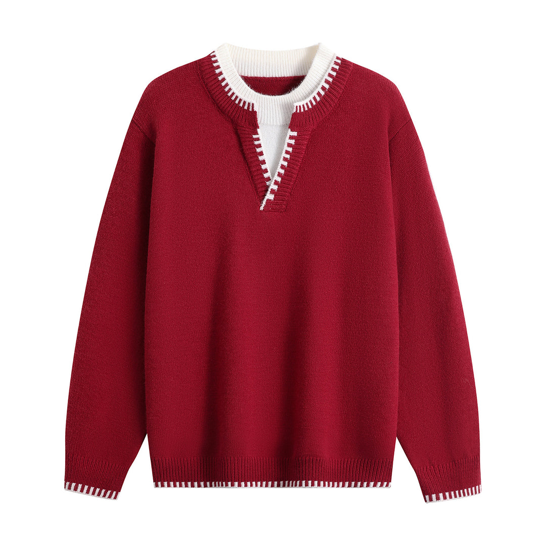 Unisex Oversize-Feinstrickpullover mit V-Notch & kontrastiertem Rippenkragen Drune