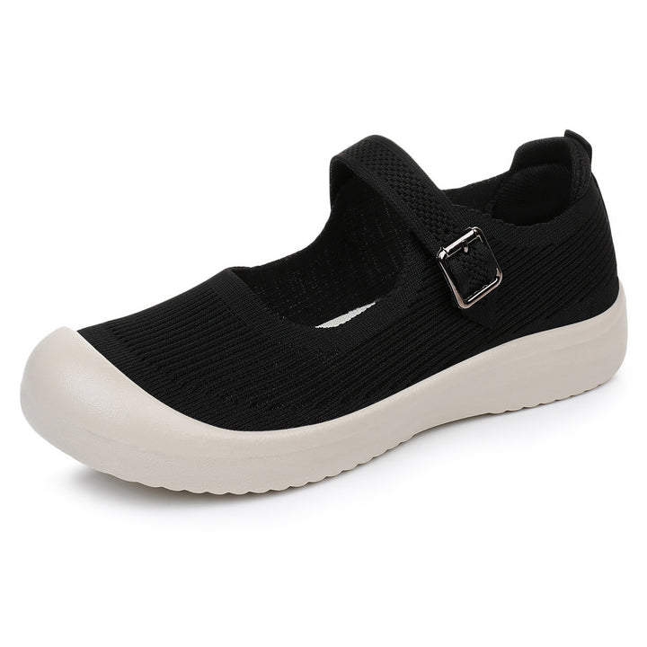 Damen nan gestrickter Mary-Jane Komfortschuh mit verstellbarem Riemen, atmungsaktivem Strickobermaterial und stoßdämpfender Leichtlaufsohle Drune