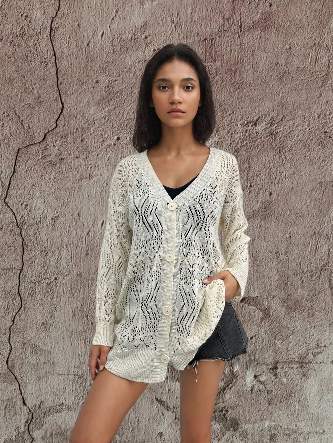 Damen Strickcardigan mit luftigen Mustern und Knopfdetails Drune