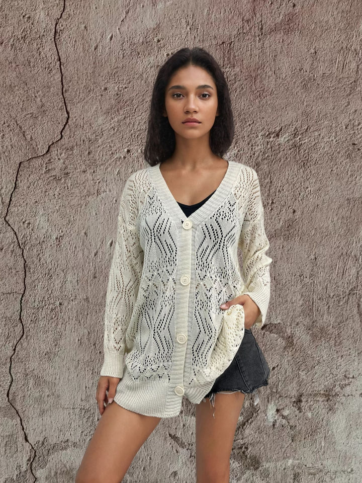 Damen Strickcardigan mit luftigen Mustern und Knopfdetails Drune