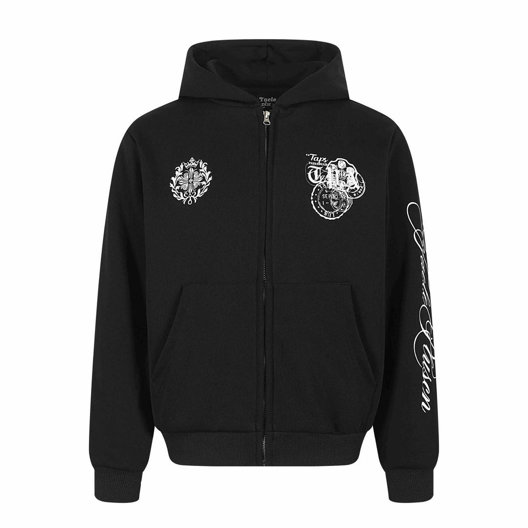 Unisex Kapuzen‑Sweatjacke mit durchgehendem Reißverschluss, Kängurutasche und ornamentalen Siegel‑Prints Drune