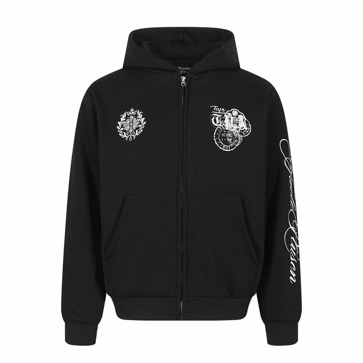 Unisex Kapuzen‑Sweatjacke mit durchgehendem Reißverschluss, Kängurutasche und ornamentalen Siegel‑Prints Drune