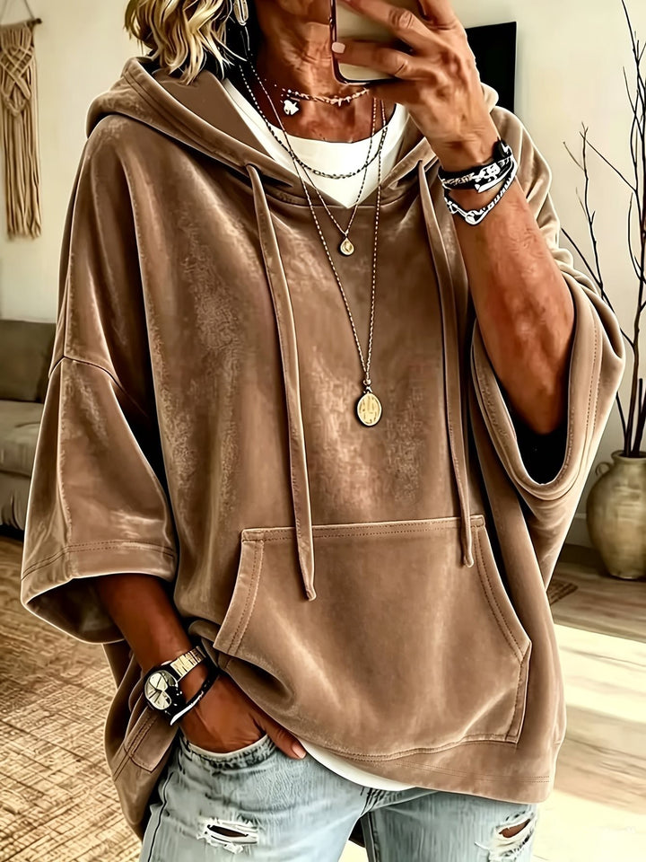 Damen Oversize Samt-Hoodie mit halbarm, Kapuze und Kängurutasche Drune