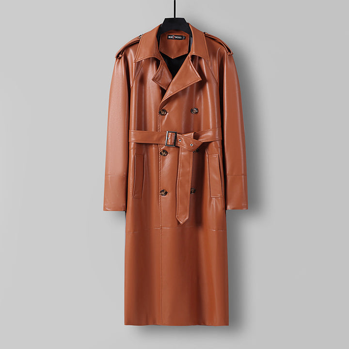 Herren Langer Kunstleder-Trenchcoat mit Doppelreiher, Taillengürtel und Schulterklappen Drune