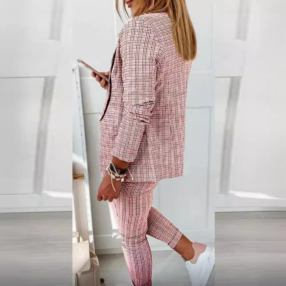 Damen nan zweiteiliges Karomuster Business-Casual Blazer-Set mit elastischer Bundhose Drune