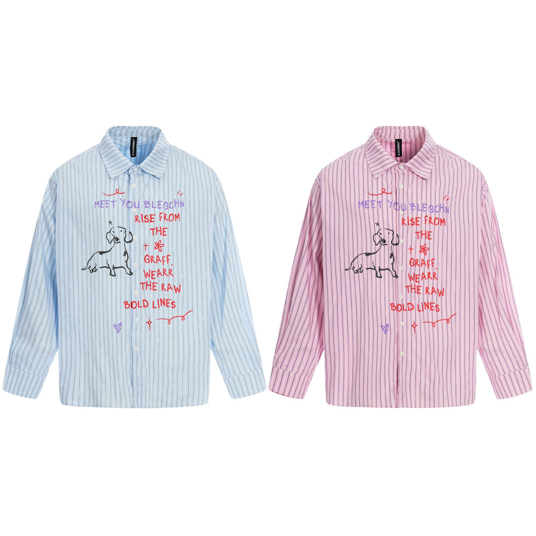 Damen Oversize-Hemdbluse mit Streifenstruktur und handgezeichnetem Grafikprint Drune