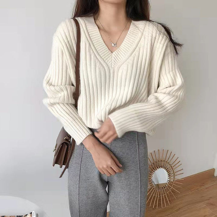 Damen Viskose-Strickpullover mit V-Ausschnitt und geripptem Design Drune