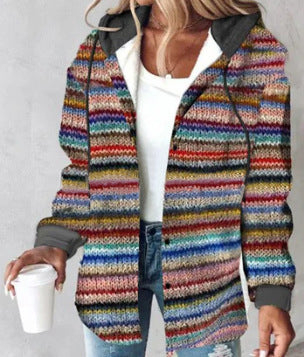 Damen Kapuzencardigan mit Streifen und Druckknopfblende Drune