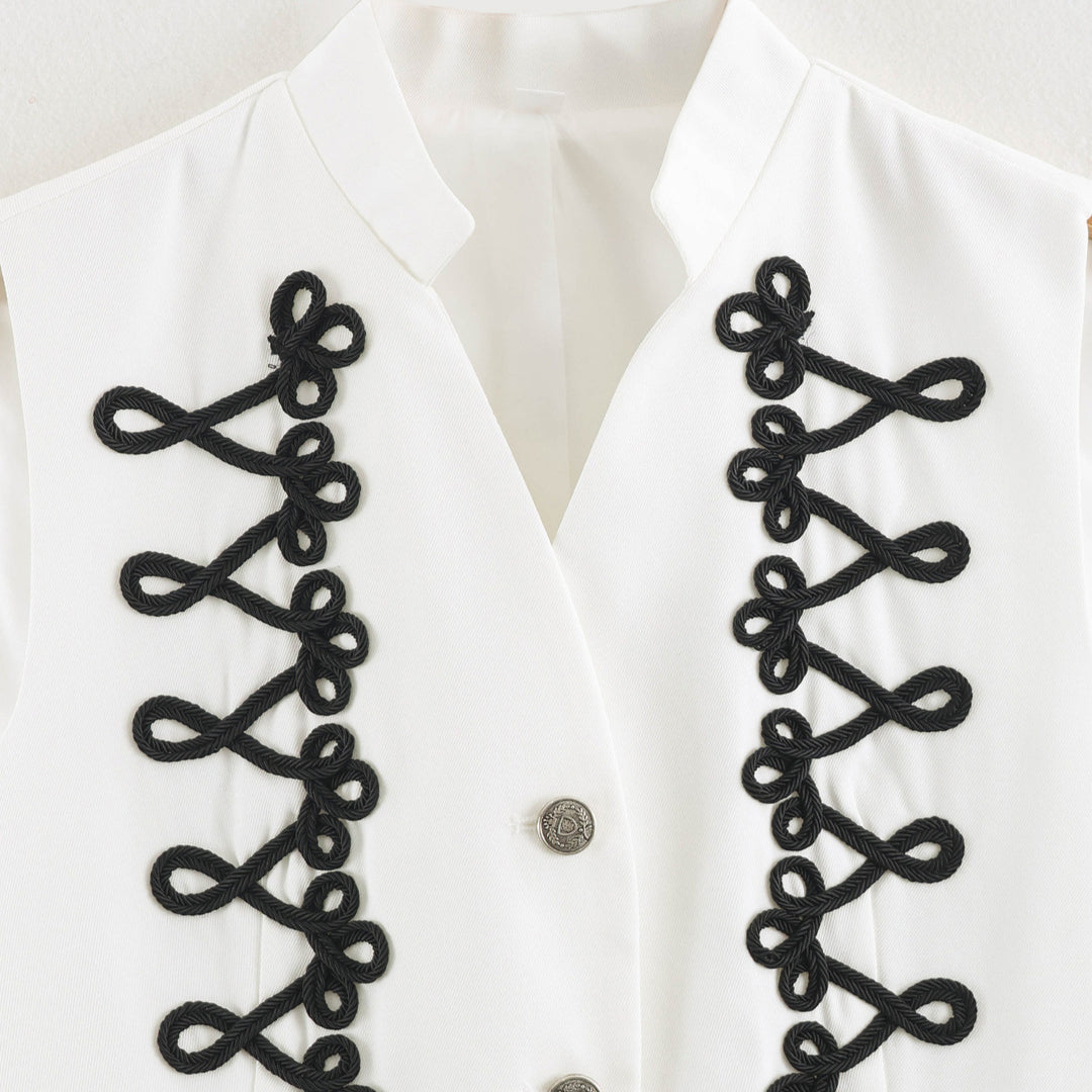 Damen Ärmellose Weste im Uniformstil mit Zierfroschverschlüssen und Stehkragen Drune