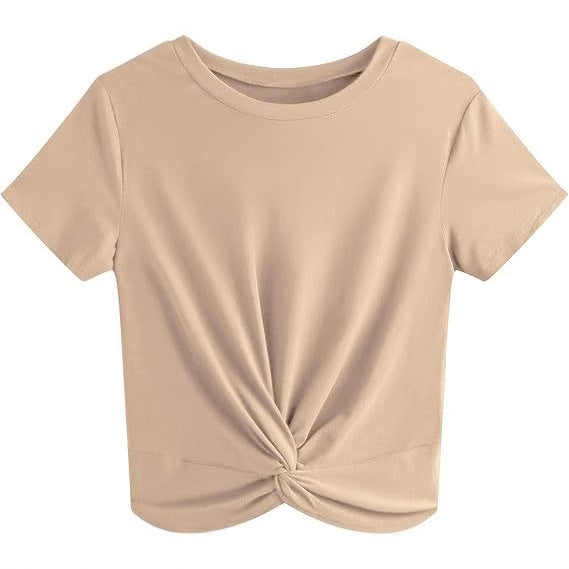 Damen Kurzarm T-Shirt mit Knoten und elastischem Stoff Drune